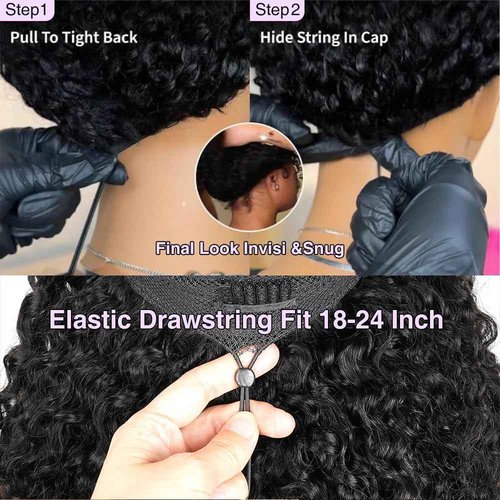 7x6 Burmese Curly Glueless Wigs Human Hair Pre Plucked Pre Cut 250% Density Drawstring Wig Human Hair 7x6 HD Lace Front Wigs Human Hair for Black Women Wear and Go Glueless Wig Natural Color 18inch