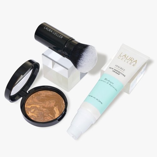 LAURA GELLER NEW YORK Face the Day Kit - Balance-n-Brighten Foundation, Sand + Spackle Skin Perfecting Primer, Hydrate + Airbrush Round Kabuki Brush (Pack of 3)