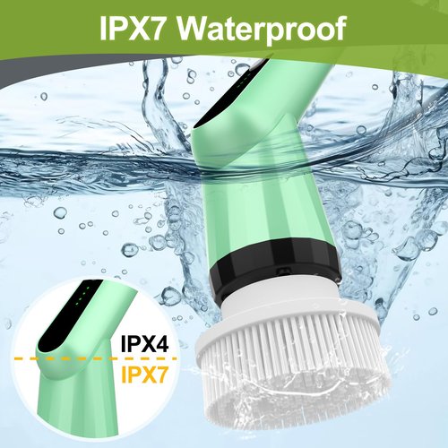 Electric Spin Scrubber, Shower Scrubber with Long Handle Adjustable, 2 Speed & 7 Replaceable Brush Heads Shower Cleaner Brush, Electric Scrubber for Cleaning Bathroom Tile Floor Bathtub Green