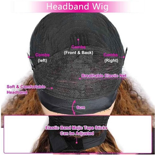 Ombre Highlight Headband Wig Human Hair #4/27 Colored Kinky Curly Headband Wig for Black Women Glueless None Lace Front Human Hair Wigs Brazilian Virgin Hair Wear and Go Wigs 150% Density 26 Inch