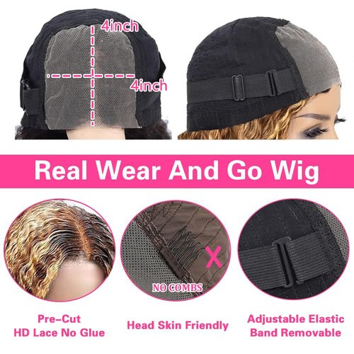 Jenniferita Ombre Honey Blonde Wear and Go Glueless Deep Curly Wave Lace Front Wigs Human Hair Highnight HD Lace Front Wigs Human Hair 4/27 Frontal Wigs Human Hair Curly Wigs 200% Density 16 Inch