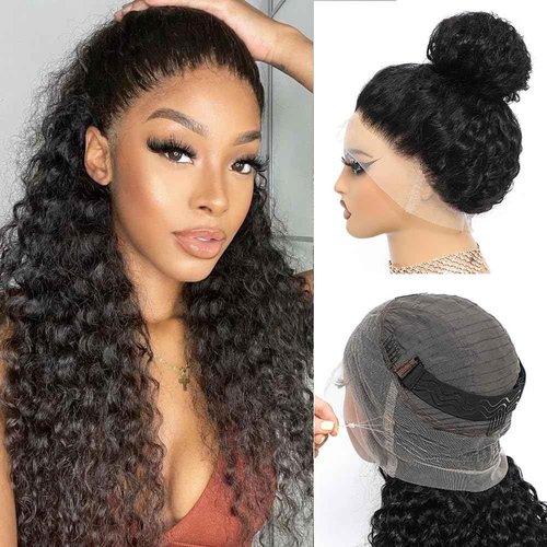 Hidden Strap 360 Lace Front Wigs Human Hair Glueless 360 Full Lace Deep Wave Curly Human Hair Wig with invisible Drawstring Wet and Wavy Lace Frontal Wigs for Black Women Natural Hairline 24 Inch