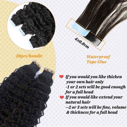 Loose Curly Tape in Human Hair Extensions 18Inch #1B Natural Black Water Wave Tape ins 100% Real Human Hair Extensions for Black Women Double Sided Skin Weft 40PCS 100G