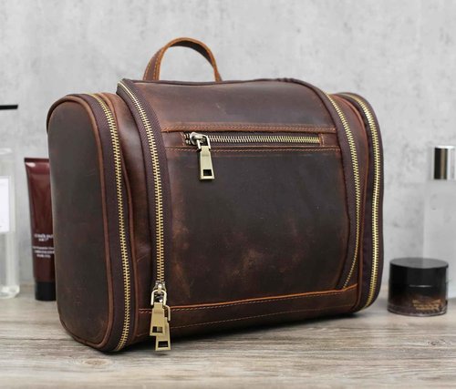 EURYNOME Toiletry Bag For Men, Genuine Leather Toiletries Organizer, Travel Hanging Toiletry Bag Large Water-resistant Bathroom Shaving Kit for Cosmetics, Makeup Case Travel Dopp Kit