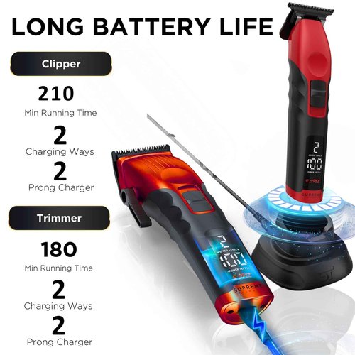 Supreme Trimmer 2-in-1 2Spee Beard Trimmer & Hair Clipper Combo | Removable Blades, 2 Speeds, LCD Display | Cordless Professional Barber Tools - Easy Color Coded Clipper Guide Combs | STB280 (Red)