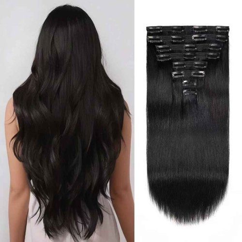 Jiameisi Clip in Hair Extensions Real Human Hair, 22inch Remy Human Hair Extensions Double Weft 120g 8pcs, Natural Straight Clip ins for Women, Ideal for Daily, Party, Wedding Looks #1 Jet Black