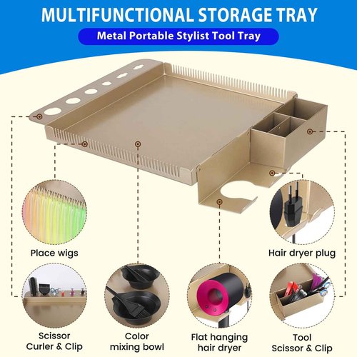 Salon Rolling Tray on Wheels with Adjustable Height - Salon & Spa Service Tray for Hair Stylist, Tattoo & Dental Use (Gold)