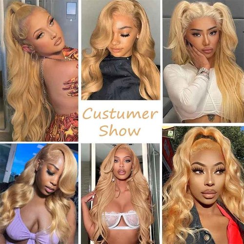 SOSATISFY Honey Blonde Wig Human Hair 200 Density 13x4 Blonde Wig Human Hair Body Wave Human Hair 27# Colored Wigs Pre Plucked with Baby Hair for Women 24 inch