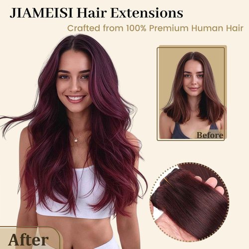 Jiameisi Clip in Hair Extensions Real Human Hair, 18inch Remy Human Hair Extensions Double Weft 70g 7pcs, Wine Red Straight Clip ins for Women #99j Burgundy