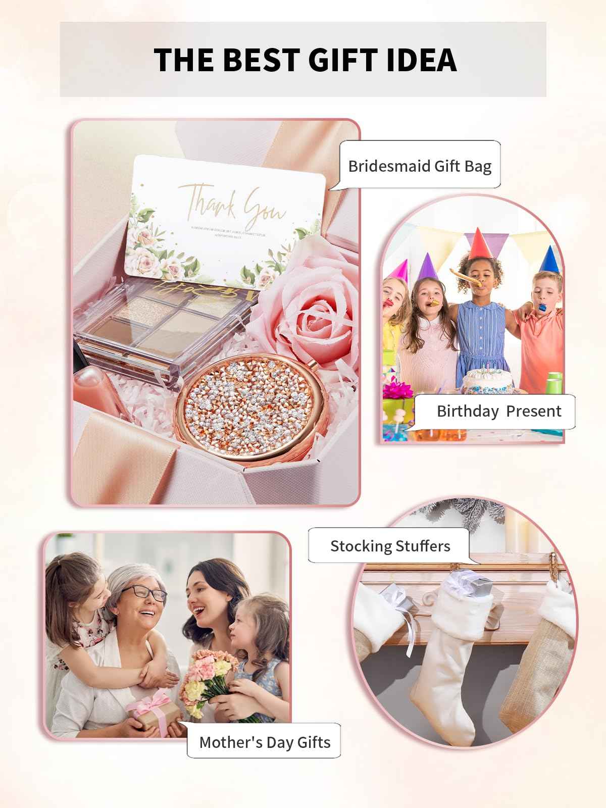 Getinbulk Compact Mirror for Purse, Pack of 24 Double-Sided 1X/2X Magnifying Round Metal Pocket Makeup Mirrors(Rose Gold, Mix Diamond)