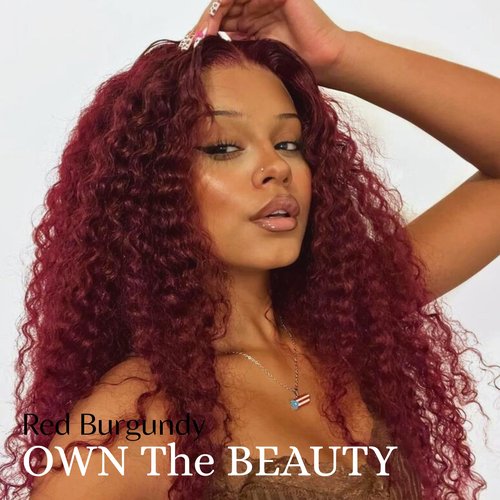 ALHER 99j Dark Burgundy Water Wave 13x6 HD Lace Frontal, 100% Unprocessed Virgin Remy Hair Pre Plucked With Baby Hair 12A Cherry Red Wine Color Wet n Wavy Curly Ear to Ear 13X6 Frontal Closure 16 Inch