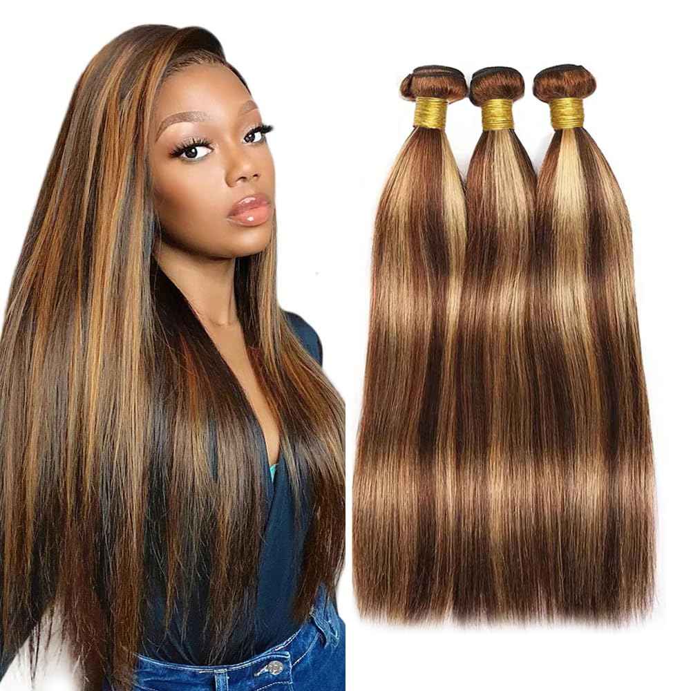 26 28 30 Inch Highlight Bundles Human Hair P4/27 Straight Honey Brown Bundles Brazilian Virgin Human Hair Bundle Brown Highlights Bundle Silky Soft Remy Hair Extensions