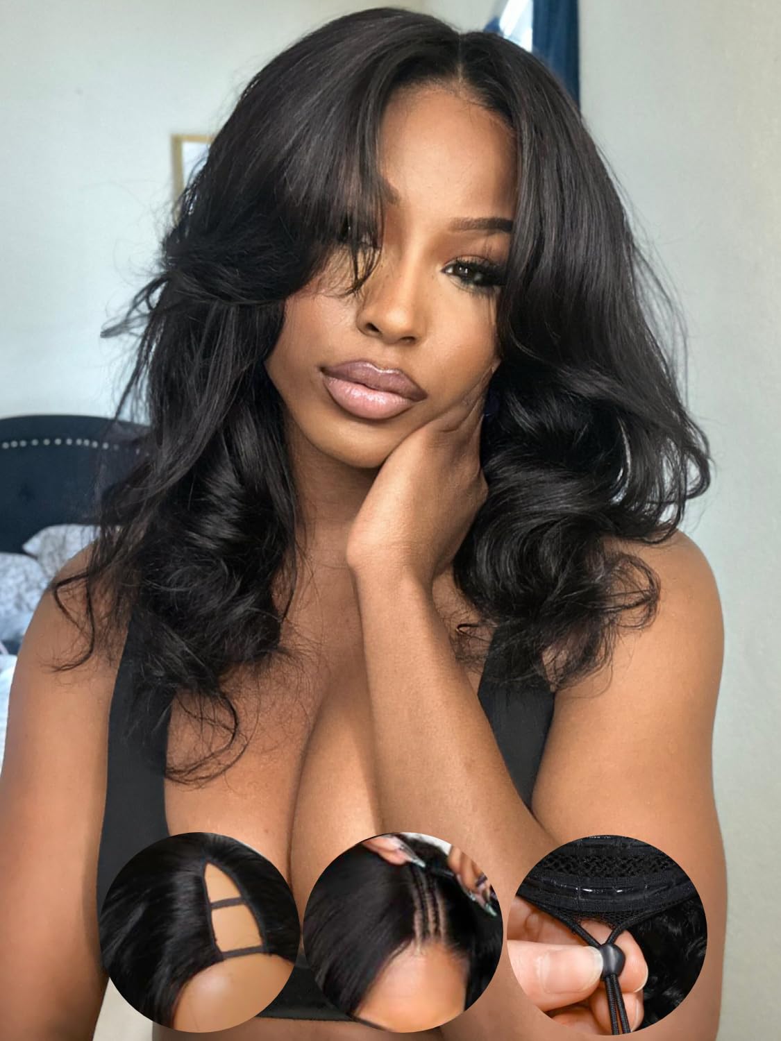 KLAIYI EasiContour V Part Wig Human Hair Body Wave Glueless Upgrade U Part Wig No Leave Out No Gel Clip in Half Wig V Shape Pull and Go Beginner Friendly Ready to Wear Natural Black Color 150% 16Inch