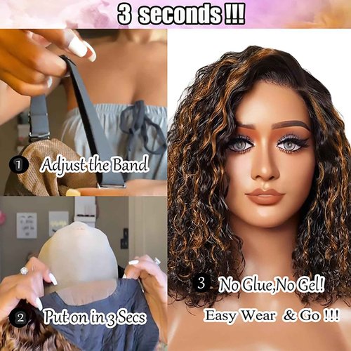 yosly Glueless Wigs Human Hair Pre Plucked Pre Cut Bob Wig Human Hair Deep Wave Bob Wig Curly Human Hair Wig For Black Women Natural Hairline Wigs Human Hair Glueless Wear and Go 1B/30 14Inch
