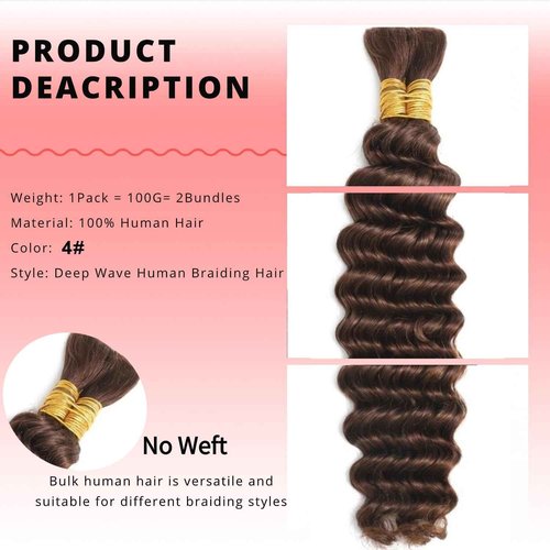 Chocolate Brown Human Braiding Hair For Boho Braids 4# 100g Deep Wave Bulk Human Hair for Braiding 12A No Weft Curly Human Hair Extensions Wet and Wavy Boho Hair for Braiding (4#-Deep Wave, 20 Inch)