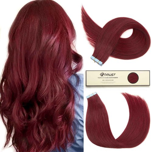 TANJET Tape in Human Hair Extensions 100% Real Human Hair Straight 99J 20 Inch Seamless Skin Weft Thick Soft Silky Hair Extensions Tape in Burgundy (#99J 20 Inch 20pcs 50g/Pack)