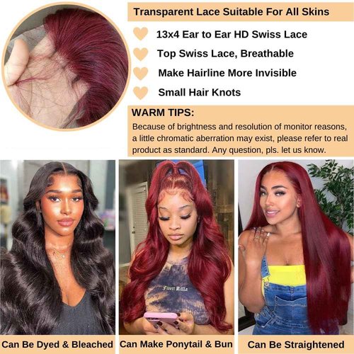AOSUN 99j Burgundy Body Wave Lace Front Wig, 13x4 HD Lace Frontal Wig, Unprocessed Brazilian Virgin Human Hair, Adjustable Straps, 180 Density