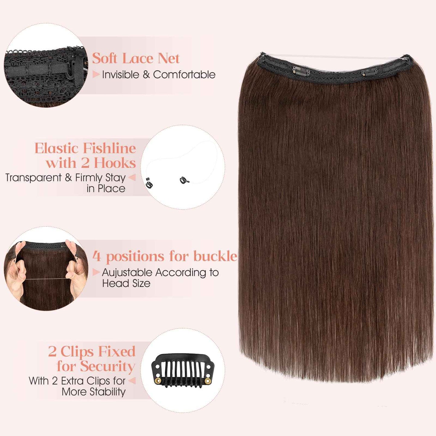 Hairro Wire Hair Extensions Human Hair, Fish Line Invisible Adjustable & Clips in Extensions Straight, 100% Real Hairpieces Seamless Blending for Women, 18 Inch 80g Dark Brown