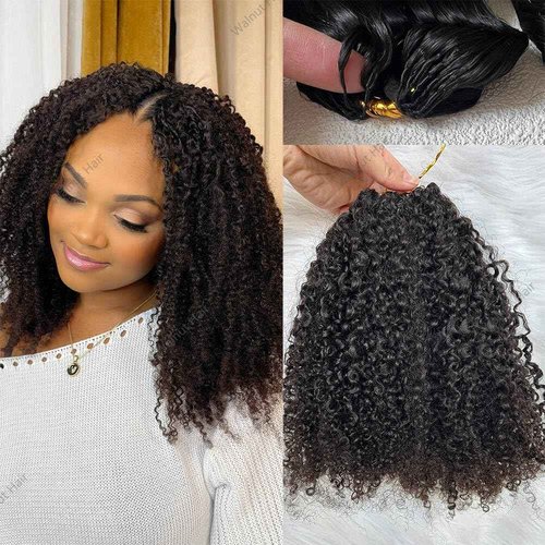 Knotless Pre Separated Crochet Human Hair Extensions Afro Kinky Curly Mongolian Virgin Braiding Hair Invisible Pre Looped Feather Braids Bundles For Black Women Walnut Hair 22inch 60g