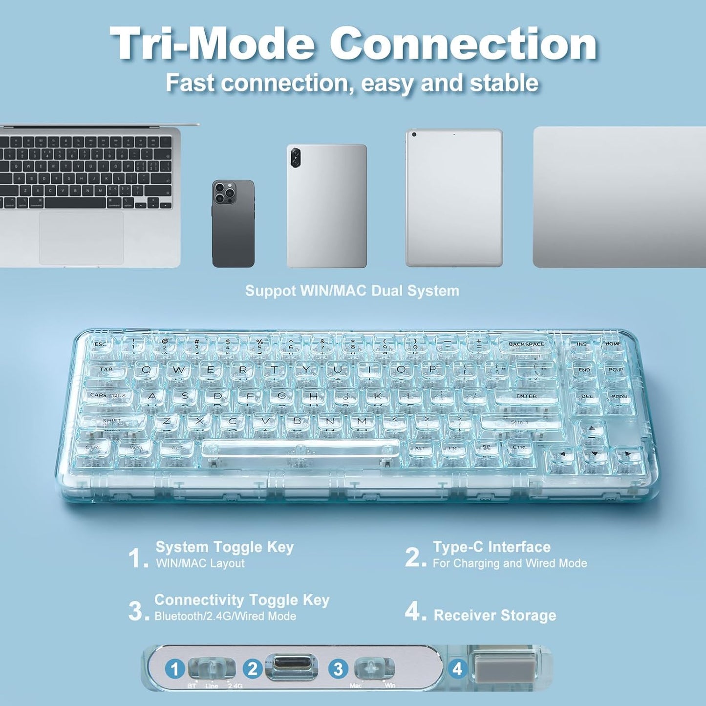 YUNZII X71 Wireless Hot Swappable Transparent Mechanical Keyboard with Clear Keycaps, 68% Layout, BT5.0/2.4G/USB-C Gasket Mount Wireless RGB Backlit for Windows/Mac(Crystal Ice Switch,White)