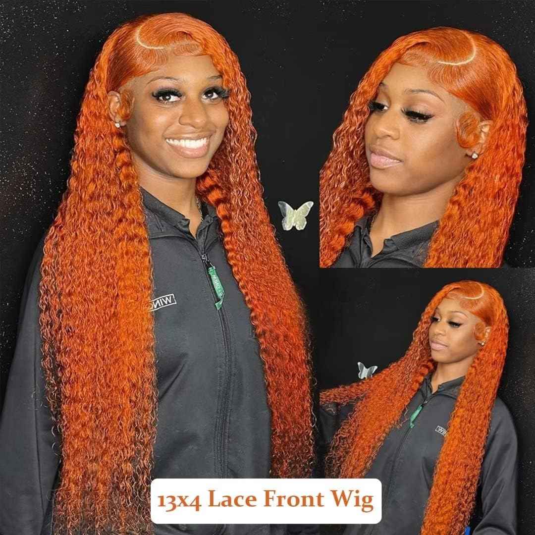 Ginger Orange Lace Front Wigs Human Hair 13x4 Deep Wave Lace Front Wigs For Black Women 180% Density Curly Glueless Colored Wigs 350# HD Transparent Ginger Wig Pre Plucekd Hairline With Baby Hair