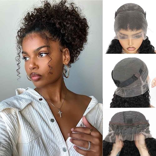 Hidden Strap 360 Lace Front Wigs Human Hair Glueless 360 Full Lace Deep Wave Curly Human Hair Wig with invisible Drawstring Wet and Wavy Lace Frontal Wigs for Black Women Natural Hairline 24 Inch