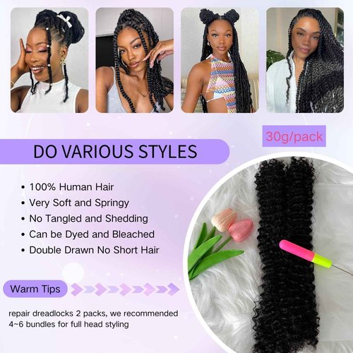 Afro Kinkys Bulk Human Hair 30g/Pack for Mini Twist, Braiding Hair for Dreadlocks, Loc Repair, Dreadlock Extensions Human Afro kinkyhair Bulk for Twists Natural Black 22 Inch