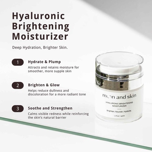 Moon and Skin Hyaluronic Brightening Moisturizer – Kojic Acid Cream for Face, Neck & Eyes, Day & Night – Lightweight, Acne-Safe, Anti-Aging, Hydrating & Plumping - Airless Pump, Fresh Feel, 1.7 fl oz