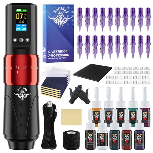 Wireless Tattoo Gun Kit, Rotary Tattoo Gun Machine Kits with Digital LED Display, 1,600mAh Battery, 20Pcs Cartridge Needles, 7 Strokes Length Tattoo Pen Set for Beginners Supplies
