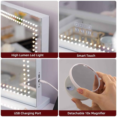 VANITII Vanity Mirror with Lights 32"x23" Lighted Makeup Vanity Mirror with Smart Speaker Dimmable 3 Light Modes 10X Magnification Light Up Mirror Touch Control Tabletop