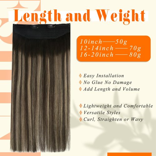 Fshine Invisible Wire Hair Extensions Real Human Hair 18 Inch Secret Wire Hair Extensions Black Roots to Black Mix Honey Blonde Adjustable Fishing Line Hair Extensions Silky Clip Ins 80G