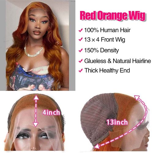 haha Red Orange Ombre Lace Front Wig Human Hair Ginger Red Highlight Lace Front Wig 13x4 Body Wave Lace Frontal Wigs Colored Pre Plucked Brazilian Remy Hair Skunk Stripe Wig 18 Inch 150% Density
