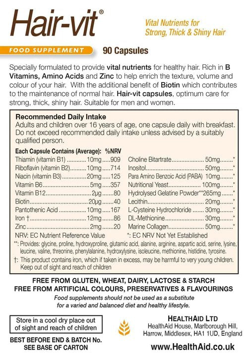 Hair VIT Hair Growth Supplement – 90 Capsules, Once Daily Formula with B-Complex Vitamins, Biotin, Amino Acids & Nutrients for Healthy, Strong, Fuller-Looking Hair in Men & Women