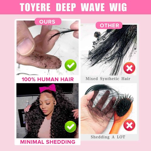 TOYERE 30 Inch 13x6 Deep Wave HD Lace Frontal Wigs Human Hair Natural Black Color Pre Plucked with Baby Hair Natural Hairline