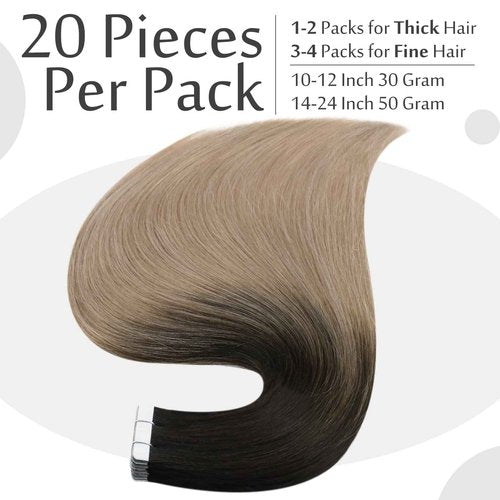 Full Shine 18 and 20 Inch Tape in Hair Extensions Balayage Human Hair Extensions Natural Black #1B Fading to Ash Blonde 18 50 Gram 20 Pcs Ombre Hair Tape in Adhesive Hair Extensions
