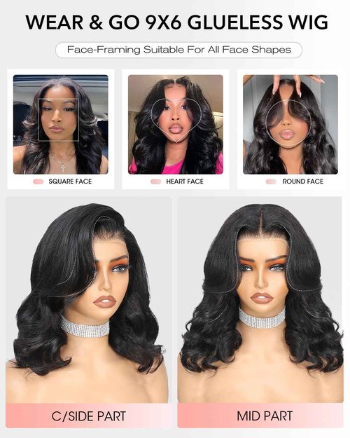 Layered Cut Curtain Bangs Face-Framing Bob Wig Human Hair 9x6 Glueless Wigs Human Hair Pre Plucked Pre Cut HD Lace 250 Density Loose Body Wave Ready to Wear Closure Wigs Human Hair for Women 14 Inch