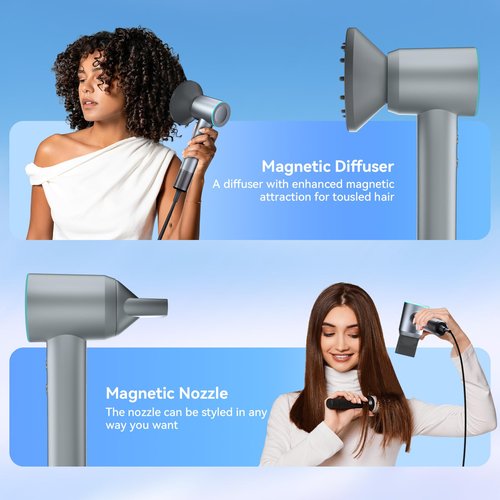 Hair Dryer, 240000 RPM High-Speed Ionic Blow Dryer, 3 Temps/2 Speeds, Lightweight, Low Noise, with Magnetic Diffuser & Nozzle, Thermo-Control for Home Travel Salon, Silver