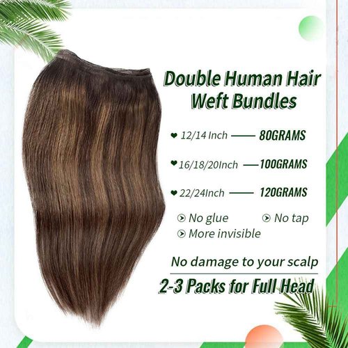 Weft Hair Extensions Human Hair 24 Inch Sew in Hair Extension Real Human Hair 120G Double Weft Ombre Light Brown to Ash Brown Highlights Sew in Human Hair Extension Full Head Remy Hair Weft Extension