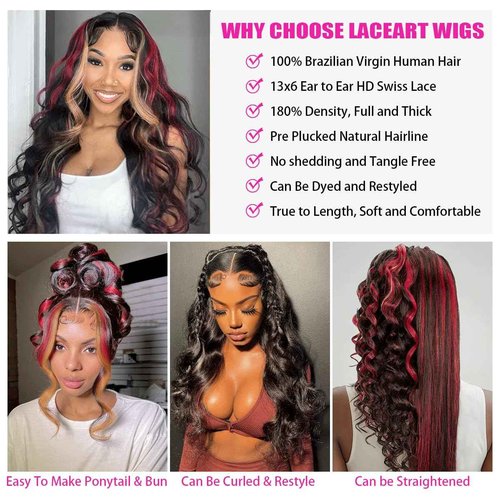 MARRY MOON 13x6 Burgundy Lace Front Wigs Glueless Pre Plucked Red Blonde Highlight Omber Lace Front Wigs 180% Density Wear and Go Wigs 22Inch