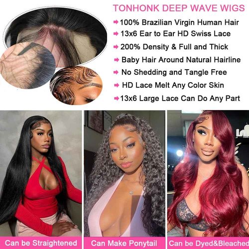 TONHONK 20 Inch Deep Wave Lace Front Wigs Human Hair 200 Density 13x6 HD Lace Frontal Wigs Human Hair Pre Plucked Deep Curly Glueless Wigs Human Hair with Baby Hair Curly Wigs for Women Natural Color