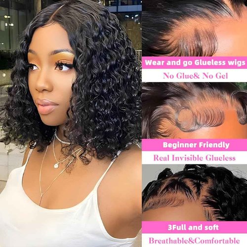 HD Glueless Wigs Human Hair Pre Plucked Pre Cut Bob 4x4, 16 Inch #30 Light Brown 210% Density Hairline Curly Bob Wig Human Hair, Wear and Go Deep Wave Lace Front Wigs Human Hair for Black Women
