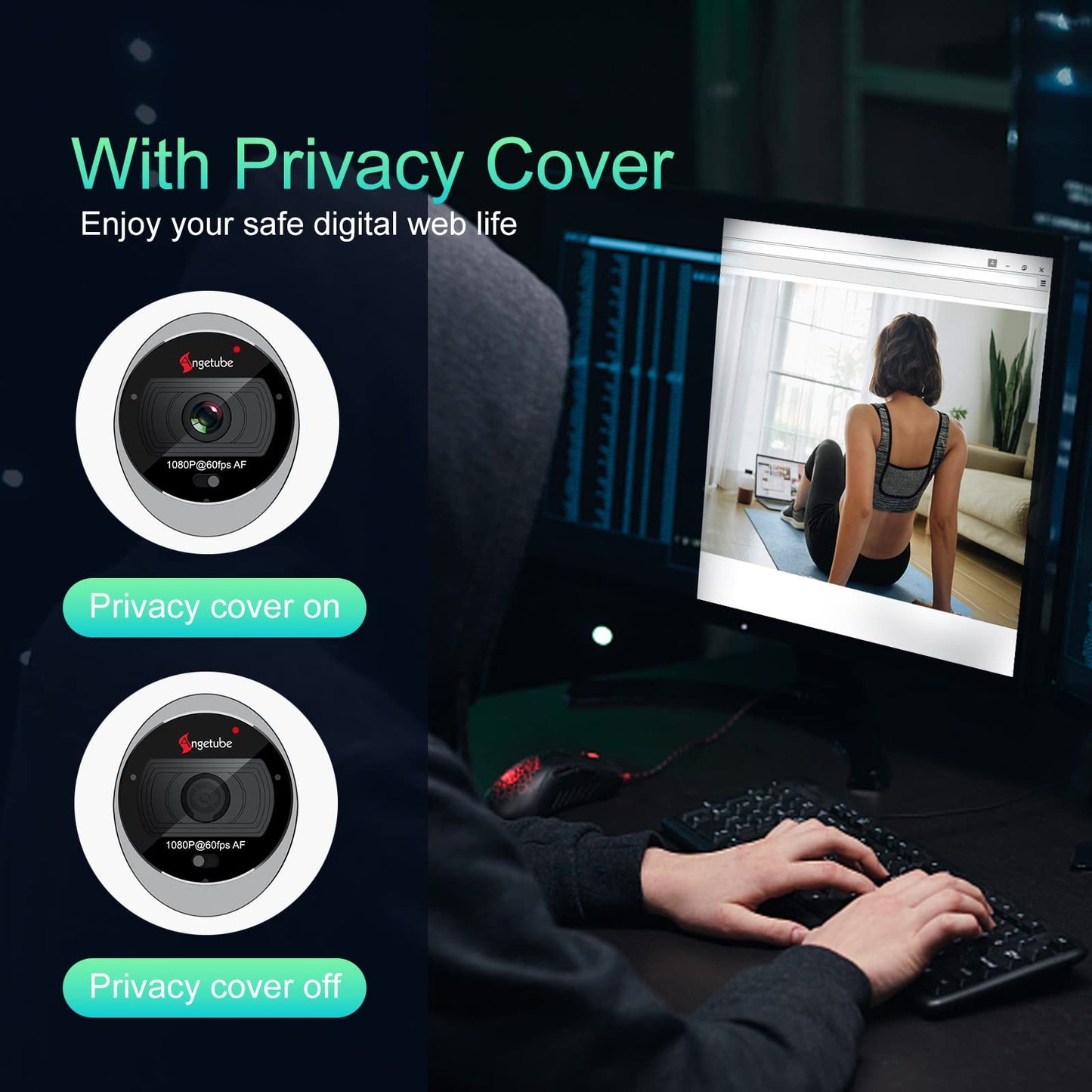 Angetube 1080P 60FPS Webcam, Streaming Webcam with Ring Light Web Camera with Microphone 5X Digital Zoom Remote Control Include, Built-in Privacy Cover for PC, Computer, Loptop, Mac, Windows 11