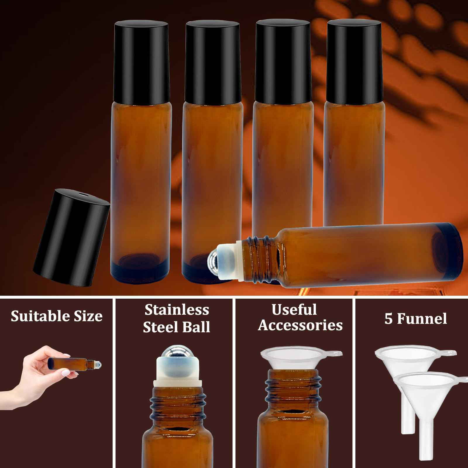 Hzmssore 100 Pcs Essential Oil Roller Bottles 10ml Empty Glass Roller Bottles with Stainless Steel Roller Balls Protection Leakproof with 5 Funnel for Travel, Roller Balls For Essential Oils(Brown)
