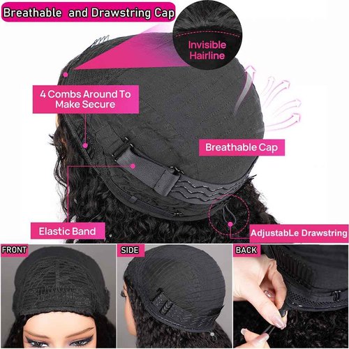 Glueless Half Wigs Human Hair Kinky-Curly Headband Wig Upgrade 3 In 1 Half Wig with Drawstring Seamless Clip Ins Flip Over 200 Density Curly Human Hair Wig For Black Women 16 Inch