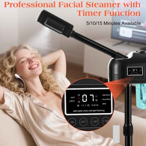 Professional Facial Steamer for Estheticians, Vaporizador Face Steamer with Timer Function, Hot Spray, Stand Facial Steamer on Wheels, Home & Salon SPA