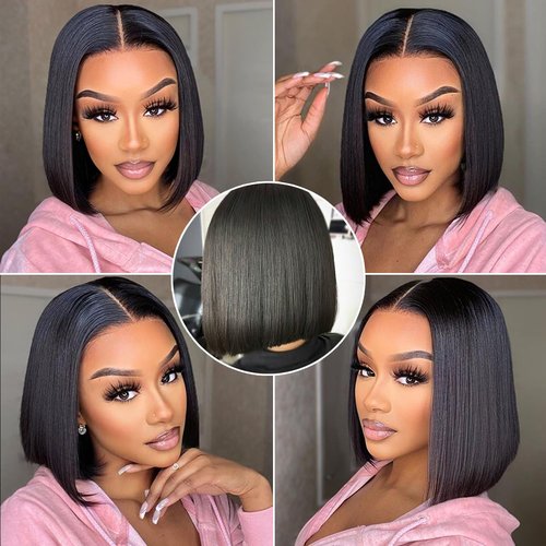 Bob Wig Wear and Go Glueless Wigs Brazilian Virgin Bob Wig Human Hair with Baby Hair 180 Density 13x4 Lace Front Wigs Human Hair Pre Plucked Glueless Wig 16 inch Natural Color