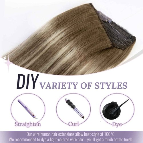 Fshine Invisible Wire Hair Extensions Real Human Hair 16 Inch 80 G Secret Wire Layered Hairpiece Olive Brown to Ash Brown and Blonde One Piece Clip in Hair Extensions for Women