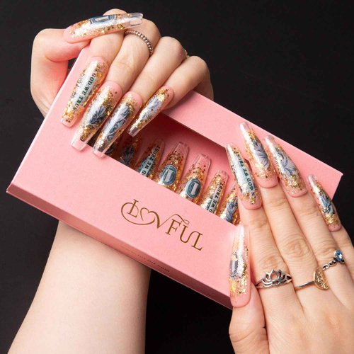 LOVFUL Press on Nails Dollar | Handmade with Full Covered Crystals | Reusable Fake Nails | Coffin Mid length 1.7 in | H98-M