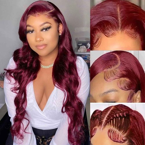 BOSDIOS 13x6 Burgundy Lace Front Wigs Human Hair Red 99J Body Wave Transparent Lace Frontal Wig Human Hair for Black Women Colored Wine Red Wig 180% Density Glueless Pre Plucked With Baby Hair(30in)