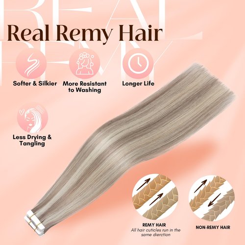 Elailite Tape in Hair Extensions Human Hair Thick Real Remy Hairpieces Ash Blonde & Bleach Blonde 22 Inch 50g 20pcs Straight Invisible Seamless Skin Weft Best Tape for Women